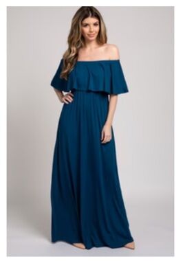Pinkblush Off-Shoulder Teal Blue Maxi Dress